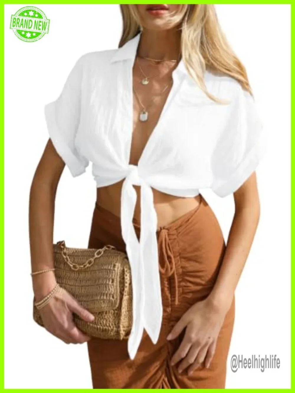 Women's Summer Crop Top Short Sleeve Deep V Neck Front Tie Casual Blouse